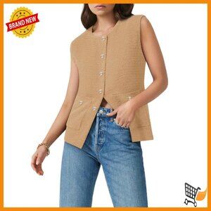 Sleeveless Button Down Sweater Vest with Pockets, Knitted Polyester